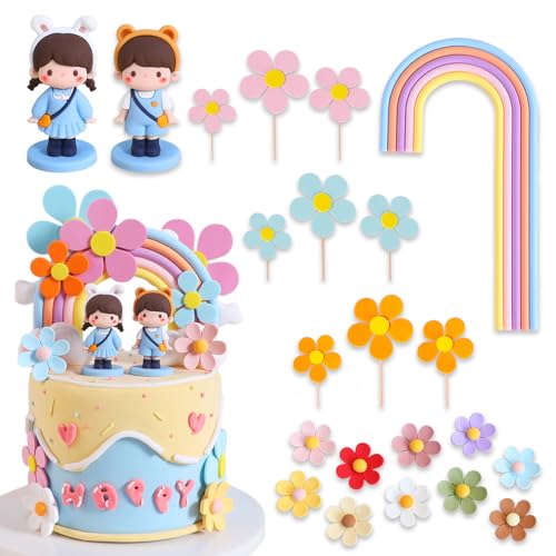 Birthday Cake Topper Set with Cute Figurines, Rainbow Arch and