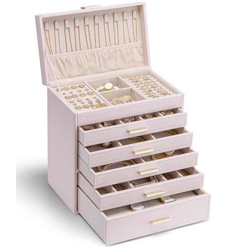 VLANDO Joyero grande, organizador de joyas con soporte para collares, almacenamiento de joyas para anillos, pulseras y relojes, regalos para mujer (rosa, 6 niveles)