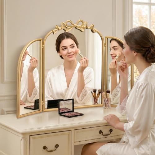 Image of Besdomus Bow 3 Way Vanity Mirror: 36 inchx24 inch Gold Large Vintage Trifold Mirror | French Antique Metal Framed - Large Three Sided Dresser Mirors for Bedroom /Dressing Room /Cloakroom - Home Decor for Housewife
