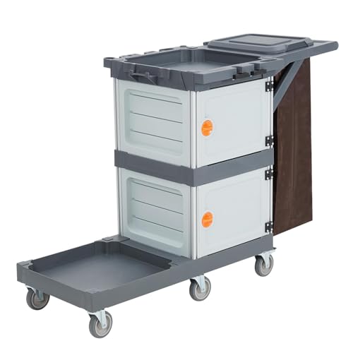 Image of Commercial Janitorial Cart with 2 Cabinet, Cleaning Cart On Wheels, Housekeeping Caddy with Cover, Shelves, and Vinyl Bag, Hotel Housekeeping Room Hand Push Utility Service Cart