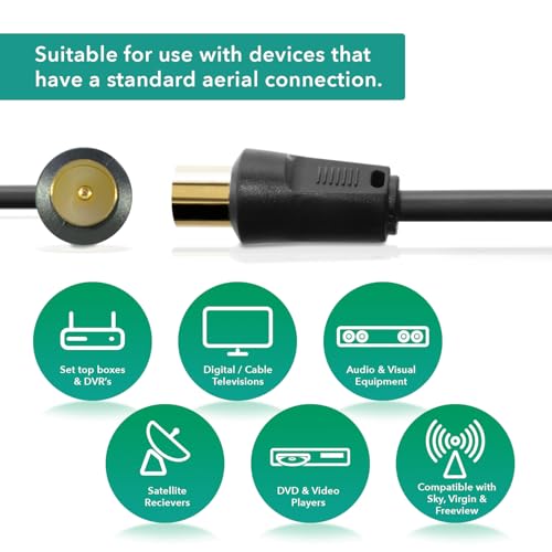 TV Aerial Cable 5m - Male To Male Gold Plated Coaxial Wire with Plug to Plug Shielded Connectors | Antenna AV Lead for Digital and Analogue Signals - Black - 2