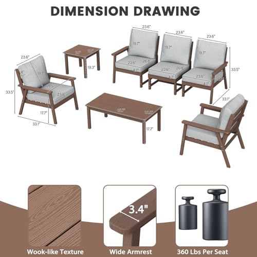 Image of LOUNZY HDPE Outdoor Furinture Set,7 Piece Sectional Sofa Patio Furniture Set, All Weather Outdoor Couch Set Patio Furniture Set for Deck, Lawn, Brown