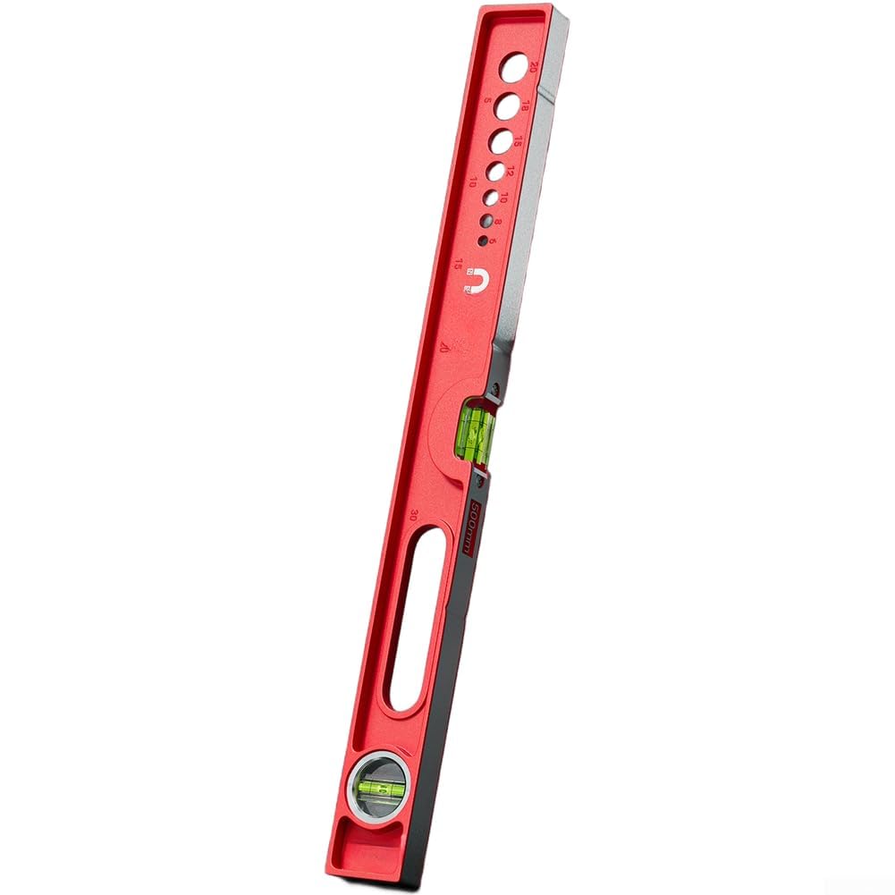 Righello di misurazione in alluminio pressofuso con fiala trasparente e attacco magnetico per attività di allineamento verticale, rosso, 60 cm (600 mm)