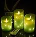 Green LED flameless Candle with Embedded Starlight String, 3 LED Candles, 10-Key Remote Control, 24-Hour Timer Function, Dancing Flame, Real Wax, Battery Powered. (Grass Green)
