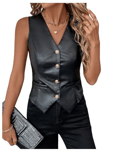 SweatyRocks Women's PU Leather Button Down V Neck Sleeveless Jacket Vest Waistcoat