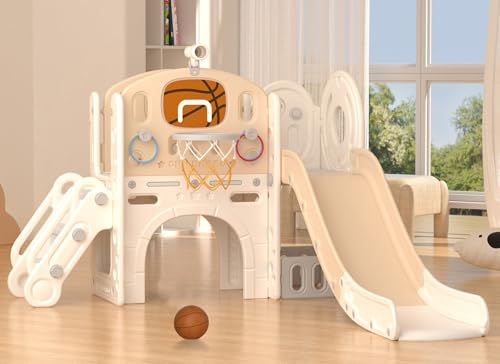 Image of YUFU 9 in 1 Toddler Slide Set, Kids Slide for Toddlers Age 1-3, Toddler Playset with Climber and Basketball Hoop, Kids Indoor Outdoor Playground (Beige+Coffee)