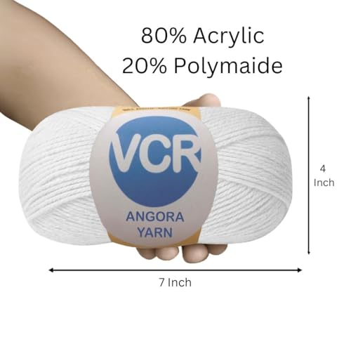 Image of VCR White Angora Knitting Yarn, Pack of 1, 100 Grams Hank, 256 Meters Length, 80% Flurry - 20% Acrylic Polyamide Soft Ball for Crochet and Knitting, Suitable for Baby Blankets, Cushion Covers