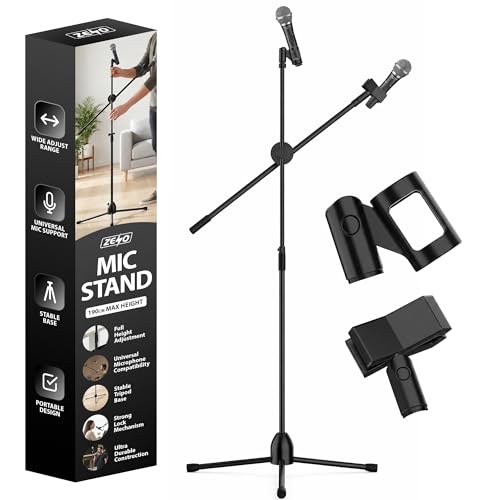 ZENO Microphone Stand Boomarm | Portable Mic Stand | Adjustable Boom Arm for Musicians Schools Meeting Rooms Live Perfomances | Fits All Microphones | 190CM Max Height | Black