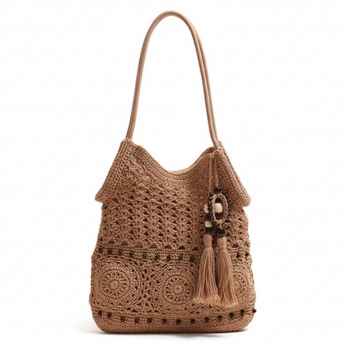 Sac bohème en crochet avec pompons et perles de bois