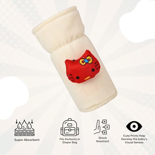 Image of Soft Plush Stretchable Baby Feeding Bottle Cover Easy to Hold Strap with Cute Animated Cartoon| Suitable for 60-125 Ml Feeding Bottle (Cream-Light Blue)