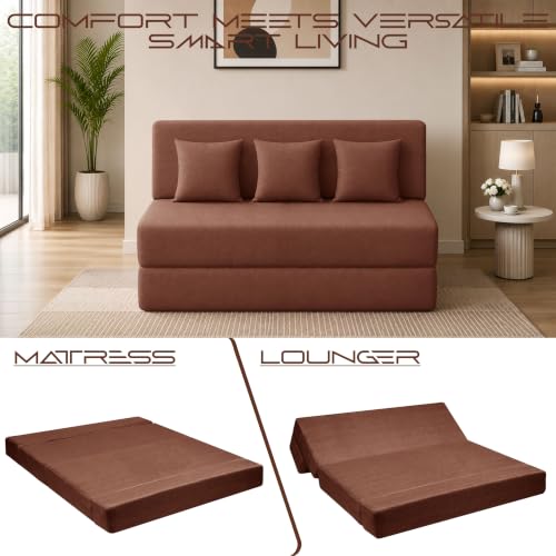 Image of Los Angeles Foldable 3 Seater Sofa Cum Bed, Sofa Bed 5X6 Feet Jute Fabric Washable Cover- Including Cushion Perfect for Living Room - Brown