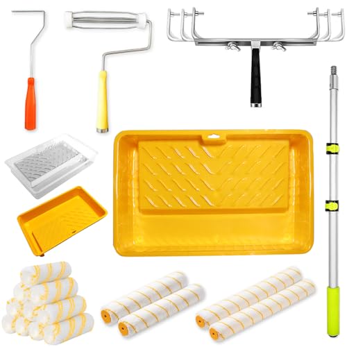 18 inch Paint Roller Kit 22 PCS Large Paint Roller Tray with Liner 18 inch Rollers for Painting Rollers and Frame 4 FT Extension Pole Suitable for DIY Interior Walls Rooms