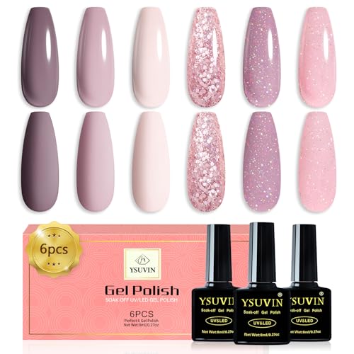 YSUVIN Semipermanente Unghie, 6 Colori Rosa Marrone Latteo Bianco Glitter Smalto Semipermanente Unghie, Smalto Unghie Soak Off UV/LED Lampada Fai da te in casa per Principianti, 8ml