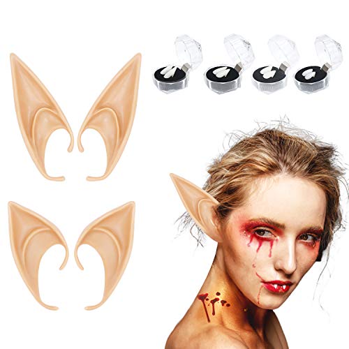 Colmanda 2 Pares Orejas de Elfo + 4 Pares Dientes de Vampiros, Orejas De Elfo Latex Elf Ear Divertido Orejas De Elfo Fiesta de Halloween Disfrazar para Adultos Cosplay Halloween Carnaval