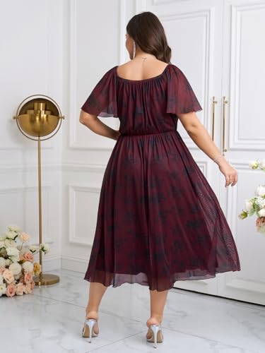 Image of Womens Plus Size Wedding Guest Dress V Neck Short Sleeve Floral Boho Tulle Dress A Line Cocktail Formal Dresses