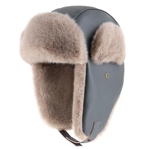 PU Leather Trapper Hat with Faux Fur Lining Warm Aviator Hat - Durable Stylish Winter Headwear for Skiing Hunting Snowboarding (Light Grey)