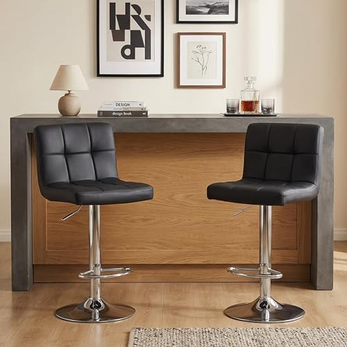 Image of HealSmart Bar Stools Set of 2, 24 inch Counter Height Stools, Modern Upholstered Kitchen Island Chairs with Sturdy Metal Base, PU Leather Saddle Seat Barstools, Black
