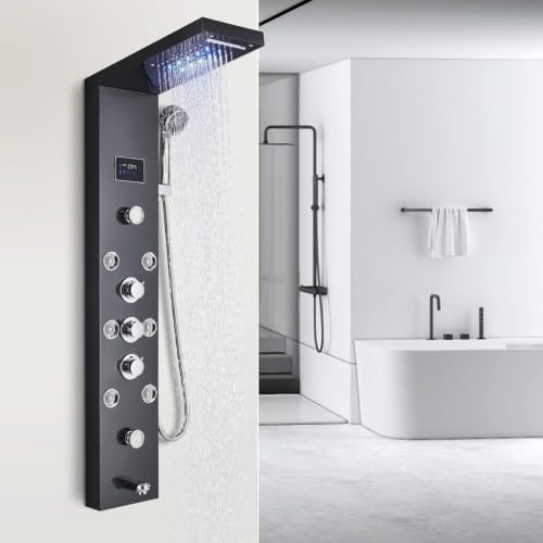Image of B Backline Stainless Steel 304 Shower Panel 6-in-1 Thermostatic LED Rainfall Shower System - Hot & Cold Water | Handheld Shower | Body Massage Jets | Waterfall Spout Bathroom (Black)