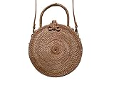  BALI BOHEME Regalo Navidad Black Friday Bolso Redondo Ratan Mimbre Paja Trenzado con Correa de Cuero Genuino - Calidad Made in Bali- Modelo Doble Asa extraíble nudo de ratán Talla M 20cm