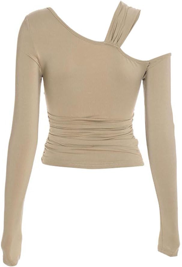 Women's One Off Shoulder Twist Knot Cutout Tops Long Sleeve Ruched Tank Asymmetrical Shirts Slim Y2K Pleat Tee Blouse - Image 5