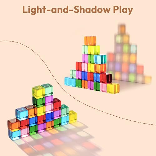Image of Woodtoe 80 PCS Rainbow Building Blocks Set, Wooden Blocks for Kids Ages 3-6 | Montessori Stacking Toy, 48 PCS Acrylic Blocks, 32 Wooden Blocks, Educational STEM Learning Sensory Toy Gifts for Boy Girl