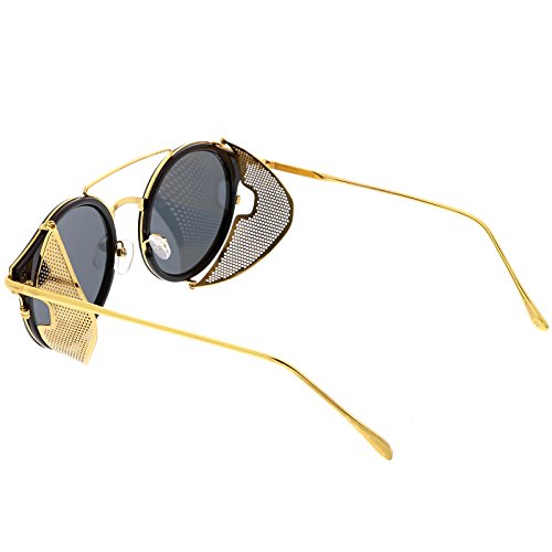 zeroUV - Steampunk Double Crossbar Fold In Side Covers Round Flat Lens Horn Rimmed Sunglasses 54mm4