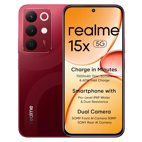 Image of realme 15X 5G Smartphone 8+128GB, 6.8-inch Screen, 144Hz Display,7000mAh Battery, 60W Fast Charging, 50+50MP AI Camera,Dimensity 6300 6nm Octa-core chipset Processor, IP69, Maroon Red