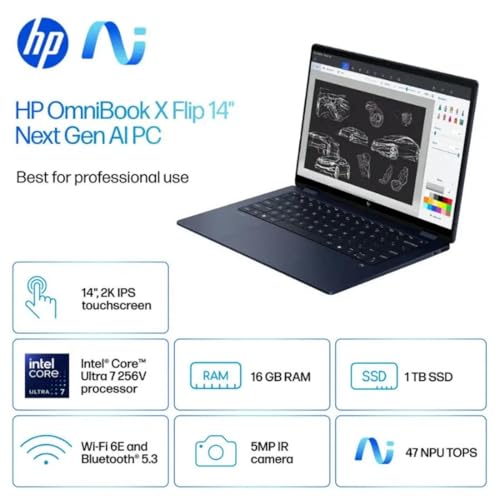 Image of HP OmniBook X Flip 2-in-1 Laptop,14 inch 2K Touch-Screen Laptop Computer,Intel Core Ultra 7, Arc 140V GPU Copilot+ PC,16GB RAM 512GB SSD,Thunderbolt 4,with Lifetime Office,Win 11 Pro,Atmospheric Blue