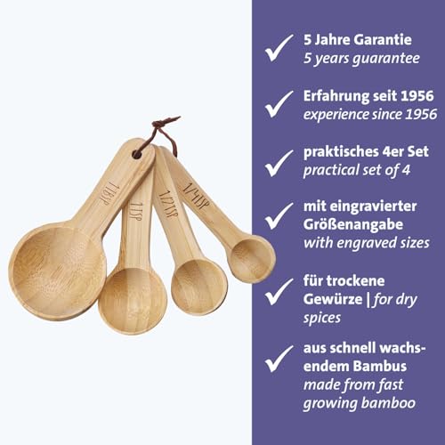 Westmark Messlöffel-Set Woody – 4 hochwertige Dosierlöffel mit Beschriftung, ideal für trockene Zutaten und Gewürze, 1, 1/2 und 1/4 Teelöffel plus 1 Esslöffel – Bambus, 4 Stück