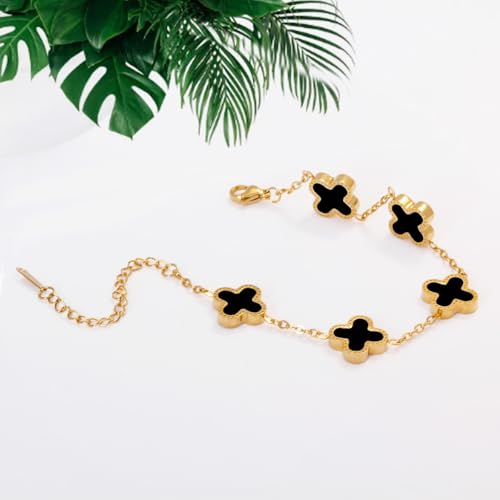 Gold Plated Jewelry Bracelet for Women Van Cleef Non Tarnish Bracelet Leaf Clover Charm Flower Bracelet for Women Trendy (Black)3