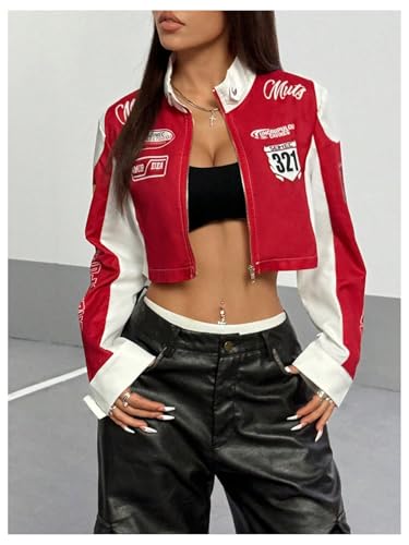 MakeMeChic Women's Colorblock Full Zip Jacket Long Sleeve Crop Racing Motorcycle Jackets4