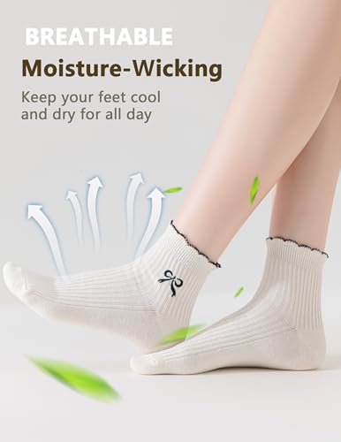 Women's Cotton Ankle Socks,Casual Knit,Ruffle Edge,Cute Fashion Embroidery Bow Pattern, Dress Socks for Girls 6 Pack(Size 5-9)3