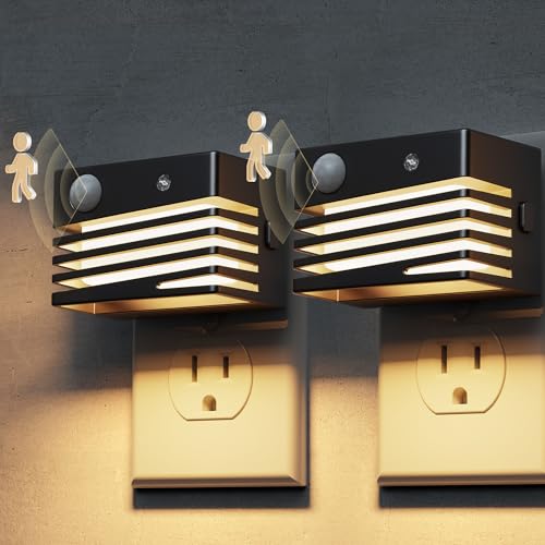 Image of L LOHAS LED Motion Sensor Night Lights, [2 Pack] Dimmable Night Light Plug into Wall with Dusk-to-Dawn Sensor, Adjustable Brightness, 3000K Plug in Nightlight for Bedroom Bathroom Hallway (Black)