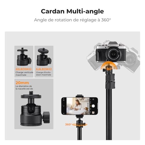 Support de bureau pour caméra télescopique orientable avec pince de téléphone pour diffusion