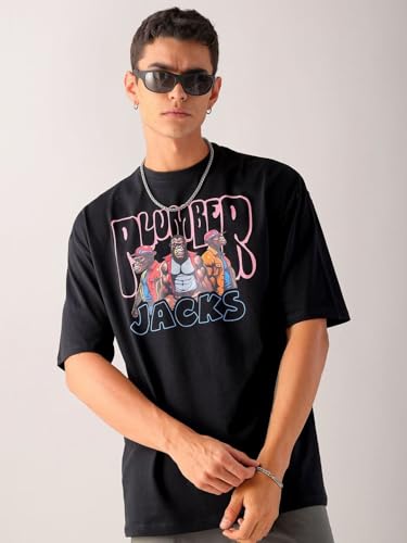 Image of The Indian Garage Co Men Cotton Oversized Graphic Back Printed Round Neck Tshirt
