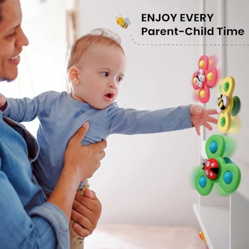 Image of Cable World Baby Spinner Toy for Baby Bath Toys Water Toys for Kids Suction Cup Fidget Spinner Sensory Toddler Infant Flight Travel Toy Stick to Car Window Gift for Kids 3 Pcs (Insect Design)