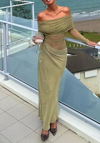 Image of Kwunbwa Women's Sexy Off The Shoulder Mesh Maxi Dress Long Sleeve See Through Ruched Party Club Bodycon Long Dresses Green