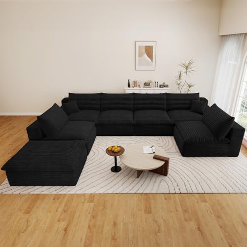 Image of 136 inch Cloud Couch Modular Sectional Sofa for Living Room, U-Shape Boneless Couch with Deep Seat, Modern Corduroy 6-Seater with Ottoman, No Assembly Required, Black