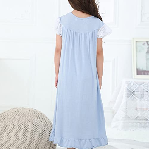 Girls Striped Long N𝐢ghtgowns Dress Short Sleeve Lace Crew Neck 𝐏ajamas Dresses Teen Kids Summer F𝐚mily Sl𝐞epwear4