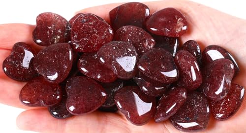 Image of QINJIEJIE 20PCS Straberry Quartz Heart Stones Crystals Bulk Love Shaped Worry Stone Heart Rock Pocket Polished Palm Gems Crystal Reiki Balancing Wholesale Carved Stone Decor Gift