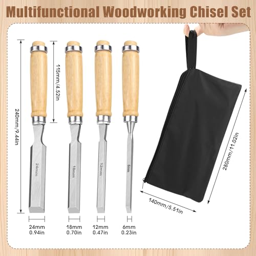 Stechbeitel Set für Holz Stemmeisen Set für Holz Holzmeißel 4-teilig 6 12 19 24mm Holzgriffe und Ergonomischem Schlagkappe Scharfes Stecheisen Holzwerkzeug Woodturning Chisel (4-teilig 6 12 19 24mm)