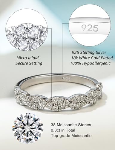 IMOLOVE Moissanite Wedding Bands for Women, Trendy 0.3 Carat Half Silver Women's Eternity Wedding Bands Fashion Moissanite Stackable Rings for Women with 18K White Gold Plated Size 4-112
