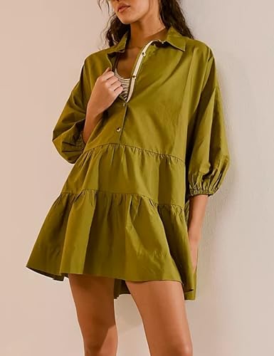 Image of HangNiFang Women's Summer Babydoll Mini Dress Flowy Puff Sleeve Tiered Button Down Oversized Tunic Dress with Pockets
