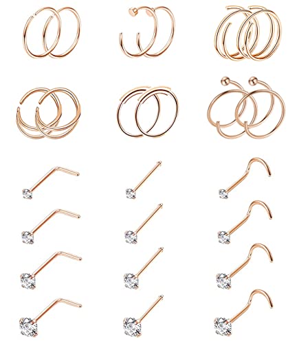 24PCS 22G 316L Stainless Steel Nose Rings Hoop for Women Men Nose Studs CZ Cartilage Helix Tragus Piercing Jewelry