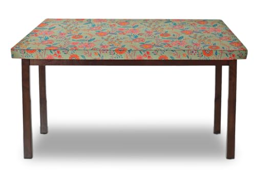 Image of The Furnishing Tree Elastic Cotton Rectangular Dining Table Cover 30x48 in Inches Floral Multicolor on Green Base