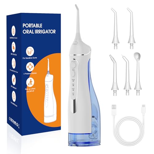Portable IPX7 Rechargeable Water Flosser for Teeth Pick, 4 Modes 5 Jet Tips Oral Irrigator, 300ml Tank - for Braces, Sensitive Gums, Home & Travel