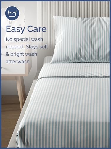 Image of Kids Queen Green Pinstripes Bed Sheets - 4 Piece Green Pinstripes Sheet Set | Green Pinstripes Themed Bedding, Ultra-Soft, Cute & Cozy, Breathable & Machine Washable, Bed Set for Boys, Girls & Teens