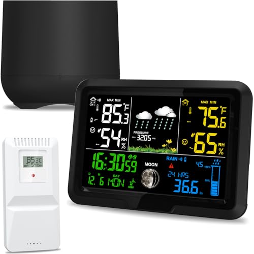 Digital Wireless Rain Gauge Outdoor, Home Weather Station Wireless Indoor Outdoor with Self-Emptying Rain Gauge, Thermometer, Barometer, Hygrometer, Atomic Clock, Weather Forecast and Alerts