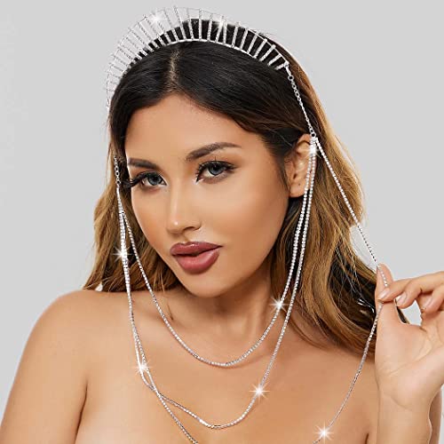IYOU Mary Halo Crown Headband Silver Sparkly Rhinestone Goddess Headpiece Tassel Wedding Party Costume Hair Tiara Headwear for Women(Silver-B)