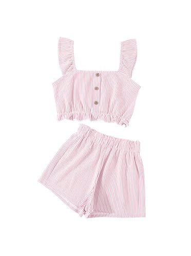 Image of Girl's Summer Clothing Sets Knit Ruffle Striped T-Shirt and Shorts 2 Piece Outfits